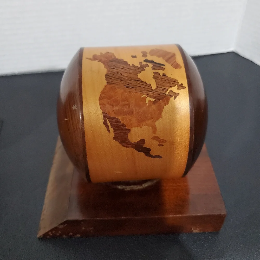 Brazilian Bookends Inlaid Wood MCM Vintage Globe Bookends Rare Curios L👀K